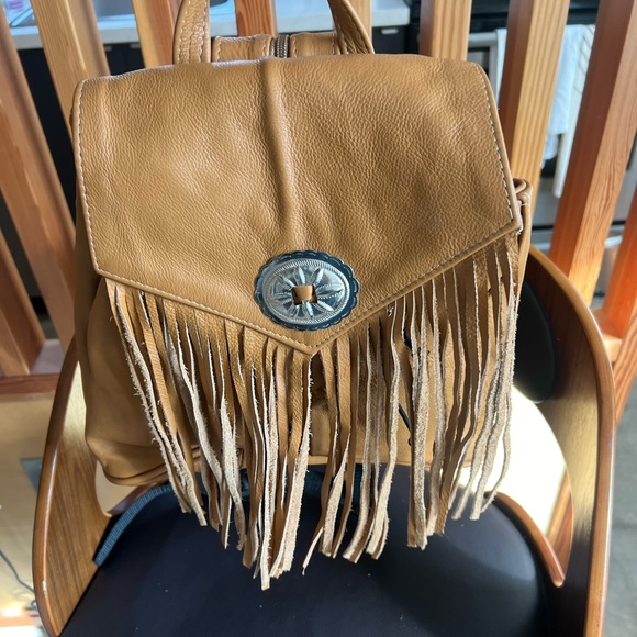 Three Bird Nest Handbags - Fringed Leather Concho Backpack - Carmel